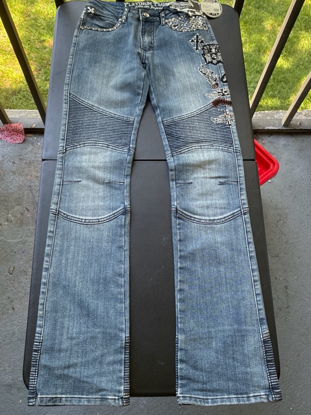 Platinum Plush Embellished Light Wash Denim Jeans